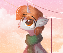 Size: 2060x1748 | Tagged: source needed, safe, artist:janelearts, oc, oc only, oc:darkmind, pony, unicorn, blind, clothes, horn, male, scarf, simple background, snow, snowfall, solo, stallion, tongue out