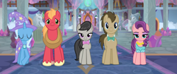 Size: 1872x786 | Tagged: safe, edit, edited screencap, screencap, big macintosh, doctor whooves, octavia melody, spoiled rich, time turner, trixie, earth pony, pony, unicorn, a horse shoe-in, g4, season 9, bowtie, brooch, bust, cape, carpet, clothes, column, door, female, foyer, hat, jewelry, male, mare, panorama, school of friendship, stallion, trixie's brooch, trixie's cape, trixie's hat, yoke