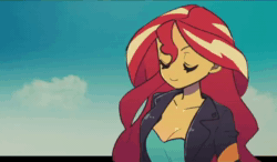 Size: 640x374 | Tagged: safe, artist:ikirunosindo, sunset shimmer, equestria girls, g4, animated, cloud, female, looking at you, music, singing, solo, sound, webm