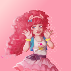 Size: 800x800 | Tagged: safe, artist:artificialrabbit, pinkie pie, human, equestria girls, g4, humanized, looking back, simple background, smiling, solo
