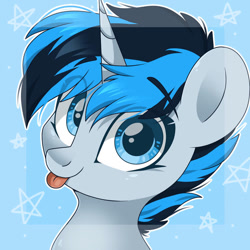 Size: 894x894 | Tagged: safe, artist:cinnamontee, oc, oc only, oc:solar gizmo, pony, unicorn, :p, blue eyes, bust, eye clipping through hair, eyebrows, eyebrows visible through hair, horn, looking at you, male, portrait, simple background, smiling, smiling at you, solo, stallion, tongue out, two toned mane, unicorn oc