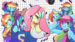 Size: 2047x1152 | Tagged: safe, artist:ikirunosindo, fluttershy, rainbow dash, equestria girls, blush sticker, blushing, butterfly hairpin, cap, eye clipping through hair, eyebrows, eyebrows visible through hair, female, hat, looking at you, one eye closed, open mouth, open smile, smiling