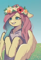 Size: 1378x2039 | Tagged: safe, artist:ikirunosindo, fluttershy, pegasus, pony, g4, clothes, crying, female, floppy ears, floral head wreath, flower, grass, looking at you, mare, outdoors, partially open wings, sky, smiling, solo, teary eyes, three quarter view, wings