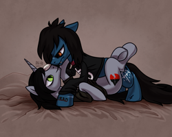 Size: 2587x2067 | Tagged: safe, artist:relisreal, earth pony, pony, undead, unicorn, zombie, zombie pony, bondage, bone, bound and gagged, bring me the horizon, clothes, commission, disguise, disguised siren, duo, duo male, eye contact, fangs, gag, gay, high res, horn, index get, kellin quinn, long sleeves, looking at each other, looking at someone, lying down, male, maledom, malesub, oliver sykes, on back, ponified, scar, shipping, shirt, sleeping with sirens, stallion, stallion on stallion, stitches, submissive, t-shirt, tattoo, ych result