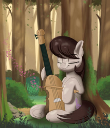 Size: 1280x1498 | Tagged: safe, artist:joaothejohn, octavia melody, earth pony, pony, g4, cute, eyes closed, female, forest, mare, music, music notes, musical instrument, plants, sitting, solo, tavibetes, tree