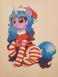 Size: 768x1024 | Tagged: safe, artist:confetticakez, izzy moonbow, pony, unicorn, g5, my little pony: a new generation, :p, christmas, clothes, costume, female, hat, holiday, santa costume, santa hat, simple background, socks, solo, striped socks, tongue out, traditional art