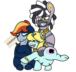 Size: 2164x2048 | Tagged: safe, artist:lefthighkick, oc, oc only, oc:ezekiel, oc:lefthighkick, oc:lyrical touch, earth pony, pony, unicorn, zebra, 2022 community collab, derpibooru community collaboration, body markings, bodypaint, cuckolding, ear piercing, earring, earth pony oc, fangs, female, high res, horn, jewelry, looking at each other, looking at someone, magic suppression, mare, neck rings, open mouth, open smile, piercing, pregnant, queen of spades, raised hoof, ring, sign, simple background, sitting, smiling, striped, stripes, text, transparent background, unicorn oc, zebra oc, zebra stripes, zebradom
