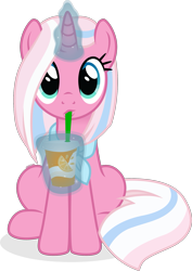 Size: 1363x1920 | Tagged: safe, artist:cirillaq, clear sky, pony, unicorn, g4, blue eyes, cup, cute, female, front view, full body, glowing, glowing horn, horn, magic, mare, multicolored mane, multicolored tail, shadow, simple background, sitting, solo, tail, telekinesis, transparent background, vector