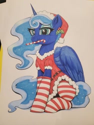 Size: 768x1024 | Tagged: safe, artist:confetticakez, princess luna, alicorn, pony, g4, candy, candy cane, christmas, clothes, costume, food, hat, holiday, mouth hold, santa costume, santa hat, simple background, socks, solo, striped socks, traditional art