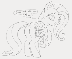 Size: 956x780 | Tagged: safe, artist:dotkwa, fluttershy, pegasus, pony, g4, butt, dialogue, female, flutterbutt, folded wings, grayscale, implied anon, looking at you, looking back, looking back at you, mare, monochrome, open mouth, open smile, plot, raised hoof, rear view, saddle, sketch, smiling, solo, speech bubble, tack, underhoof, wings