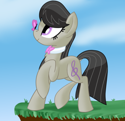 Size: 1920x1850 | Tagged: safe, artist:notadeliciouspotato, octavia melody, butterfly, earth pony, pony, g4, bowtie, butterfly on nose, cliff, cloud, female, insect on nose, mare, raised hoof, sky, solo