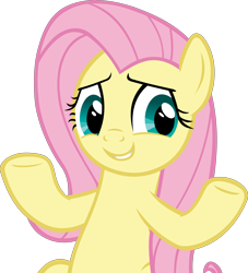Size: 4671x5143 | Tagged: safe, artist:ironm17, fluttershy, pegasus, pony, g4, season 9, she talks to angel, absurd resolution, female, grin, mane, mare, pink mane, shrug, shrugpony, simple background, smiling, solo, teal eyes, transparent background, vector
