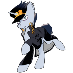 Size: 1200x1200 | Tagged: safe, artist:tetsergs, derpibooru exclusive, oc, oc only, oc:bronyast, pony, unicorn, 2022 community collab, derpibooru community collaboration, anime, clothes, ear piercing, eyelashes, horn, jojo's bizarre adventure, looking at you, male, piercing, simple background, solo, stallion, transparent background