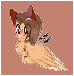 Size: 1280x1309 | Tagged: safe, artist:krypticquartz, oc, oc only, pegasus, pony, blushing, brown background, bust, deviantart watermark, eye clipping through hair, eyebrows, eyebrows visible through hair, folded wings, obtrusive watermark, outline, pegasus oc, portrait, simple background, solo, watermark, white outline, wing fluff, wings