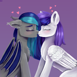 Size: 2701x2701 | Tagged: safe, artist:ske, oc, oc only, bat pony, pegasus, pony, bat pony oc, blushing, duo, eyes closed, heart, high res, kissing, love, open mouth, pegasus oc, purple background, signature, simple background