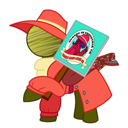 Size: 2048x2048 | Tagged: safe, artist:zoness, oc, oc only, oc:zoness, original species, planet pony, pony, 2022 community collab, derpibooru community collaboration, carmen sandiego, clothes, hat, high res, male, pun, sign, simple background, sitting, solo, transparent background, trenchcoat, wings