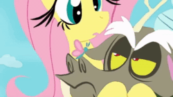 Size: 864x486 | Tagged: safe, artist:naquelinedelch2, edit, discord, fluttershy, butterfly, draconequus, pegasus, pony, g4, animated, cloud, conbons, crossed arms, duo, female, frown, headless, holding head, implied pain, mare, modular, sound, video, voice acting, webm