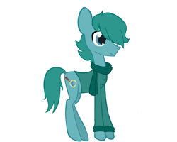 Size: 2000x1600 | Tagged: safe, artist:alandisc, oc, oc only, oc:max crow, earth pony, pony, adult, big eyes, blue eyes, blue hair, clothes, emo hair, green sweater, male, no pants, ponified, scarf, simple background, solo, standing, sweater, thin, white background