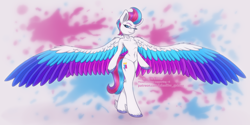 Size: 1500x750 | Tagged: safe, artist:shad0w-galaxy, zipp storm, pegasus, semi-anthro, g5, my little pony: a new generation, arm hooves, belly, belly button, collarbone, colored wings, female, large wings, looking at you, mare, multicolored wings, patreon, ribcage, simple background, smiling, solo, spread wings, wings