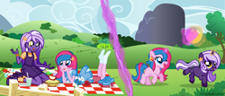 Size: 1700x726 | Tagged: safe, artist:jennieoo, oc, oc:midnight twinkle, oc:star sparkle, pony, unicorn, equestria girls, g4, apple slice, balloon, beach ball, chatting, female, filly, foal, food, friends, happy, picnic, picnic blanket, pie, playing, running, show accurate, smiling, vector