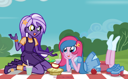 Size: 1200x745 | Tagged: safe, artist:jennieoo, oc, oc:midnight twinkle, oc:star sparkle, equestria girls, g4, apple, apple pie, chatting, clothes, food, friends, happy, picnic, pie, shoes removed, show accurate, smiling, socks, stocking feet, the pose, vector