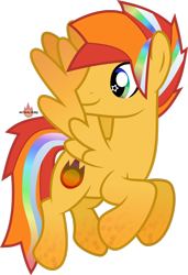 Size: 1024x1496 | Tagged: safe, artist:meteor-spark, oc, oc:meteor spark, pegasus, pony, flying, gradient hooves, gradient mane, looking back, male, pegasus oc, rainbow power, rainbow power-ified, simple background, smiling, spread wings, stallion, stallion oc, striped mane, striped tail, tail, transparent background, wingding eyes, wings