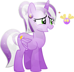 Size: 1024x997 | Tagged: safe, artist:meteor-spark, oc, oc:melody moon, alicorn, parasprite, pony, alicorn oc, crystallized, ear piercing, earring, female, folded wings, grin, horn, jewelry, looking at each other, looking at someone, mare, moon, music notes, piercing, simple background, smiling, smiling at each other, standing, transparent background, watermark, wings