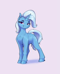 Size: 2155x2670 | Tagged: safe, artist:aquaticvibes, trixie, pony, unicorn, g4, abstract background, colored pupils, eyebrows, eyelashes, female, high res, horn, lidded eyes, looking at you, mare, pink background, simple background, smiling, smiling at you, smirk, smug, solo, standing, tail