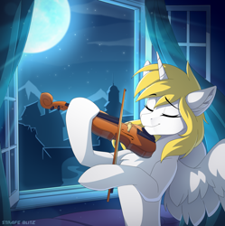 Size: 2106x2116 | Tagged: safe, artist:strafe blitz, oc, oc only, oc:star nai, alicorn, pony, alicorn oc, eyes closed, high res, horn, moon, musical instrument, night, solo, stars, viola, window, wings