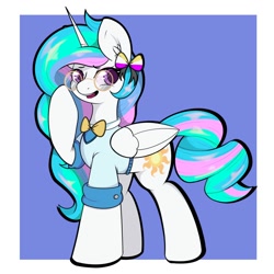 Size: 2000x2000 | Tagged: safe, artist:orbitingdamoon, princess celestia, alicorn, pony, g4, alternate hairstyle, bow, clothes, glasses, hair bow, high res, looking at you, nonbinary pride flag, pride, pride flag, shirt, solo