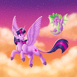 Size: 2048x2048 | Tagged: safe, artist:sketchytsh, spike, twilight sparkle, alicorn, dragon, pony, cloud, cloven hooves, curved horn, duo, flying, happy, horn, leonine tail, looking back, smiling, spread wings, tail, twilight sparkle (alicorn), winged spike, wings