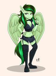 Size: 1280x1730 | Tagged: safe, artist:hadesvita, artist:kefitani, oc, oc only, oc:eden shallowleaf, pegasus, anthro, belly button, belt, boots, breasts, choker, cleavage, midriff, pegasus oc, punk, shoes, smiling, solo