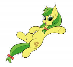 Size: 1937x1773 | Tagged: safe, artist:wapamario63, apple fritter, earth pony, pony, g4, apple family member, background pony, belly, belly button, bow, colored, cute, female, flat colors, hair bow, looking at you, lying down, mare, on back, open mouth, open smile, simple background, smiling, smiling at you, solo, tail, tail bow, white background