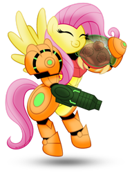 Size: 1280x1673 | Tagged: safe, artist:aleximusprime, fluttershy, metroid (species), pegasus, pony, g4, arm cannon, armor, cute, eyes closed, hug, metroid, samus aran, shyabetes, simple background, smiling, transparent background