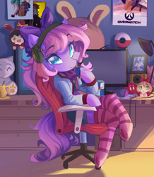 Size: 5099x5837 | Tagged: safe, artist:saxopi, oc, oc only, oc:lillybit, earth pony, semi-anthro, adorkable, arm hooves, bow, chair, clothes, commission, computer, cute, dork, energy drink, gaming headset, headphones, headset, plushie, red bull, ribbon, socks, solo, striped socks