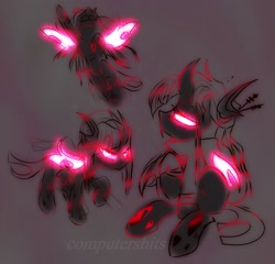 Size: 1592x1530 | Tagged: safe, artist:cutiesparke, oc, oc only, oc:trophi, changeling, changeling oc, clothes, doodle, female, flying, glowing, glowing eyes, hoodie, pink changeling, raised hoof, sitting, solo