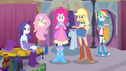 Size: 3410x1920 | Tagged: safe, screencap, applejack, fluttershy, pinkie pie, rainbow dash, rarity, equestria girls, g4, my little pony equestria girls, applejack's hat, belt, boots, bracelet, clothes, cowboy boots, cowboy hat, cutie mark on clothes, denim skirt, female, hairpin, hat, high res, jewelry, open mouth, shoes, skirt