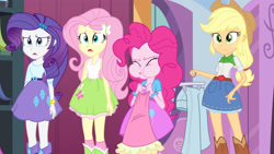 Size: 3410x1920 | Tagged: safe, screencap, applejack, fluttershy, pinkie pie, rarity, equestria girls, g4, my little pony equestria girls, applejack's hat, boots, bracelet, clothes, cowboy boots, cowboy hat, cutie mark on clothes, denim skirt, eyes closed, female, hairpin, hat, high res, jewelry, open mouth, shocked, shoes, skirt