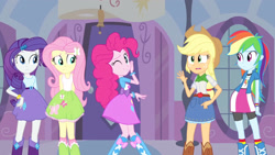 Size: 3410x1920 | Tagged: safe, screencap, applejack, fluttershy, pinkie pie, rainbow dash, rarity, equestria girls, g4, my little pony equestria girls, applejack's hat, belt, boots, bracelet, clothes, cowboy boots, cowboy hat, cutie mark on clothes, denim skirt, female, hairpin, hat, high res, jewelry, one eye closed, open mouth, shoes, skirt, smiling, wink
