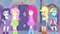 Size: 3410x1920 | Tagged: safe, screencap, applejack, fluttershy, pinkie pie, rainbow dash, rarity, equestria girls, g4, my little pony equestria girls, ^^, applejack's hat, belt, boots, bracelet, clothes, cowboy boots, cowboy hat, cute, cutie mark on clothes, denim skirt, diapinkes, eyes closed, faic, female, grin, hairpin, hat, high res, jewelry, open mouth, shoes, skirt, smiling
