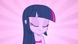 Size: 3410x1920 | Tagged: safe, screencap, twilight sparkle, equestria girls, g4, my little pony equestria girls, bare shoulders, bareback, eyes closed, fall formal outfits, female, high res, sleeveless, smiling, solo, strapless, twilight ball dress, upscaled
