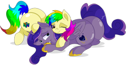 Size: 8700x4450 | Tagged: safe, artist:rainbowtashie, oc, oc:princess luminescent love, oc:rainbow tashie, alicorn, earth pony, pony, alicorn oc, alicorn princess, butt, commissioner:bigonionbean, female, flank, fusion, fusion:princess cadance, fusion:princess luna, horn, hug, hugging a pony, jewelry, large butt, lying down, mare, nintendo, nintendo 64, plot, prone, royalty, simple background, the ass was fat, transparent background, wings, writer:bigonionbean