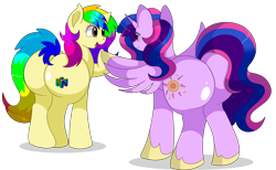 Size: 9600x5900 | Tagged: safe, artist:rainbowtashie, oc, oc:princess morning star, oc:rainbow tashie, alicorn, earth pony, pony, commissioner:bigonionbean, female, fusion, fusion:princess celestia, fusion:twilight sparkle, horn, jewelry, mare, nintendo, nintendo 64, regalia, simple background, transparent background, wings, writer:bigonionbean