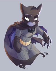 Size: 3232x4096 | Tagged: safe, artist:saxopi, bat pony, semi-anthro, arm hooves, batman, belt, blank eyes, cape, clothes, costume, gray background, high res, mask, pants, patreon, patreon reward, ponified, simple background, solo, torn clothes, white eyes