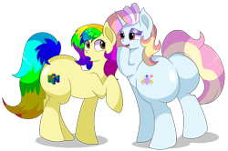 Size: 8900x5900 | Tagged: safe, artist:rainbowtashie, oc, oc:exquisite attire, oc:rainbow tashie, earth pony, pony, unicorn, butt, commissioner:bigonionbean, eyeshadow, female, flank, fusion, fusion:fleur-de-lis, fusion:sassy saddles, horn, huge butt, large butt, makeup, mare, nintendo, nintendo 64, plot, simple background, the ass was fat, transparent background, whispering, writer:bigonionbean