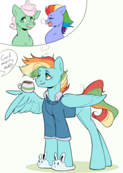 Size: 2132x3000 | Tagged: safe, artist:pledus, bow hothoof, gentle breeze, oc, oc:creamy clouds, pegasus, pony, g4, clothes, coffee, coffee cup, coffee mug, commissioner:bigonionbean, cup, dialogue, fusion, fusion:bow hothoof, fusion:gentle breeze, high res, male, mug, slippers, stallion, thought bubble, wings, writer:bigonionbean