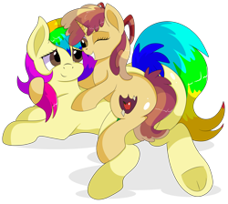 Size: 8800x7900 | Tagged: safe, artist:rainbowtashie, oc, oc:rainbow tashie, oc:sparkling apples, earth pony, pony, unicorn, commissioner:bigonionbean, female, filly, foal, fusion, fusion:apple bloom, fusion:dinky hooves, horn, hug, hugging a pony, lying down, mare, one eye closed, prone, simple background, transparent background, wink, writer:bigonionbean