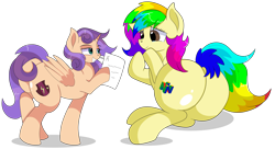 Size: 8800x4800 | Tagged: safe, artist:rainbowtashie, oc, oc:rainbow tashie, oc:sweet scooter, alicorn, earth pony, pegasus, pony, unicorn, alicorn oc, butt, commissioner:bigonionbean, female, filly, flank, foal, fusion, fusion:scootaloo, fusion:sweetie belle, grades, horn, huge butt, large butt, lying down, mare, nintendo, nintendo 64, on side, paper, plot, simple background, teary eyes, the ass was fat, transparent background, wings, writer:bigonionbean