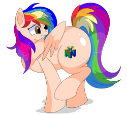 Size: 9000x8100 | Tagged: safe, artist:rainbowtashie, oc, oc:candy clumsy, oc:rainbow candy, oc:rainbow tashie, earth pony, pegasus, pony, commissioner:bigonionbean, female, foal, fusion, horn, huge butt, large butt, mare, nintendo, nintendo 64, simple background, the ass was fat, transparent background, wings, writer:bigonionbean