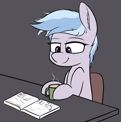 Size: 1353x1372 | Tagged: safe, artist:pinkberry, oc, oc:winter azure, pony, book, colt, eyelashes, foal, girly, hot drink, male, mug, reading, relaxing, solo, trap